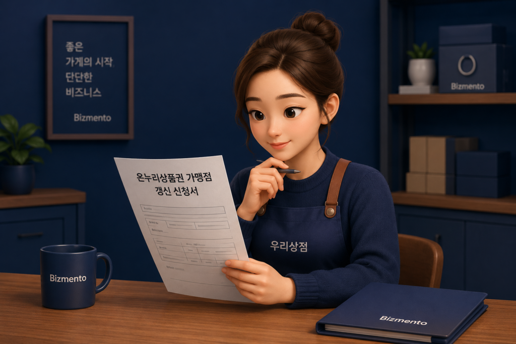 온누리상품권 가맹점 갱신 신청서를 확인하는 사장님