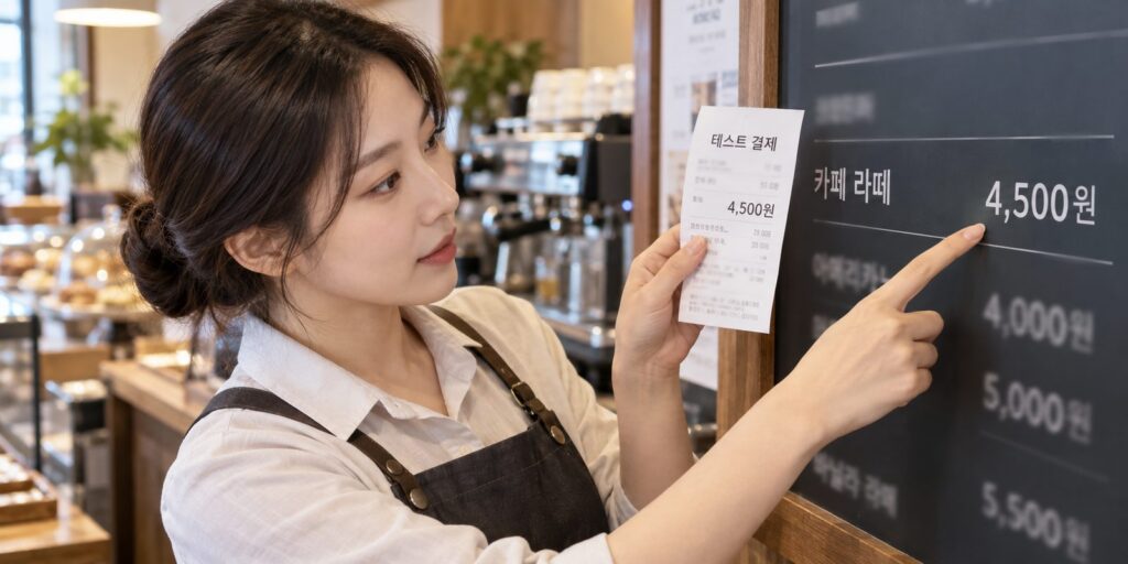 포스와 메뉴판 가격을 나란히 대조하는 모습