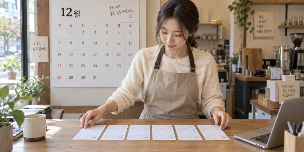 고지서 여섯 장을 달력 옆에 나란히 놓고 비교하는 모습