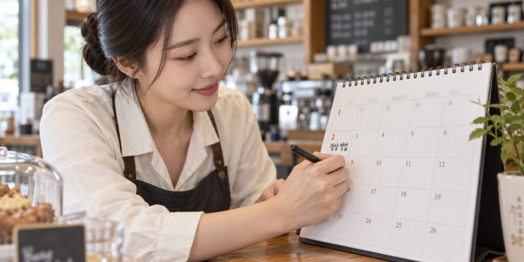근무표와 급여대장을 나란히 놓고 확인하는 모습
