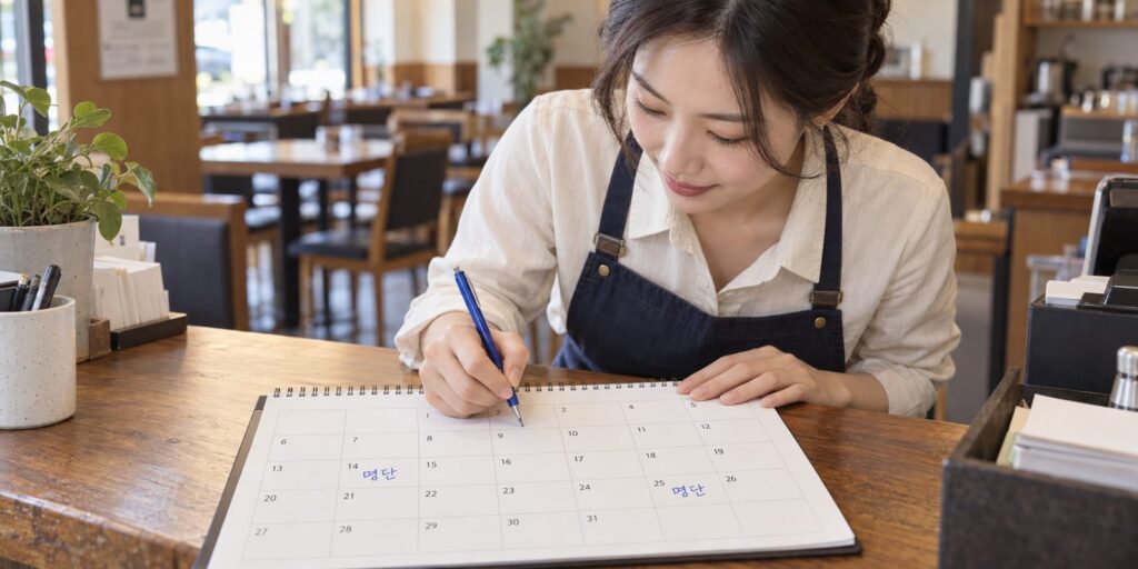 달력의 11월 30일과 1월 10일에 표시를 하는 손