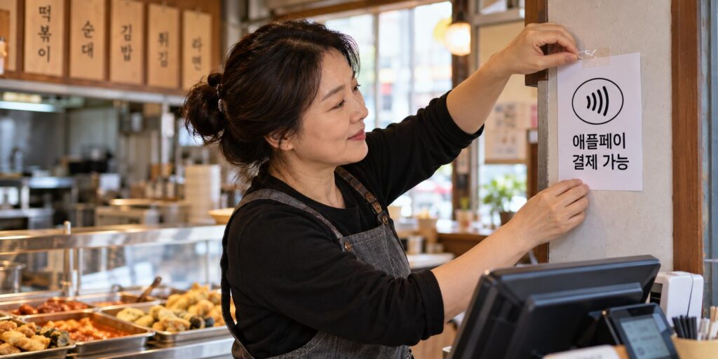 계산대 옆에 비접촉 결제 안내지를 붙이는 장면
