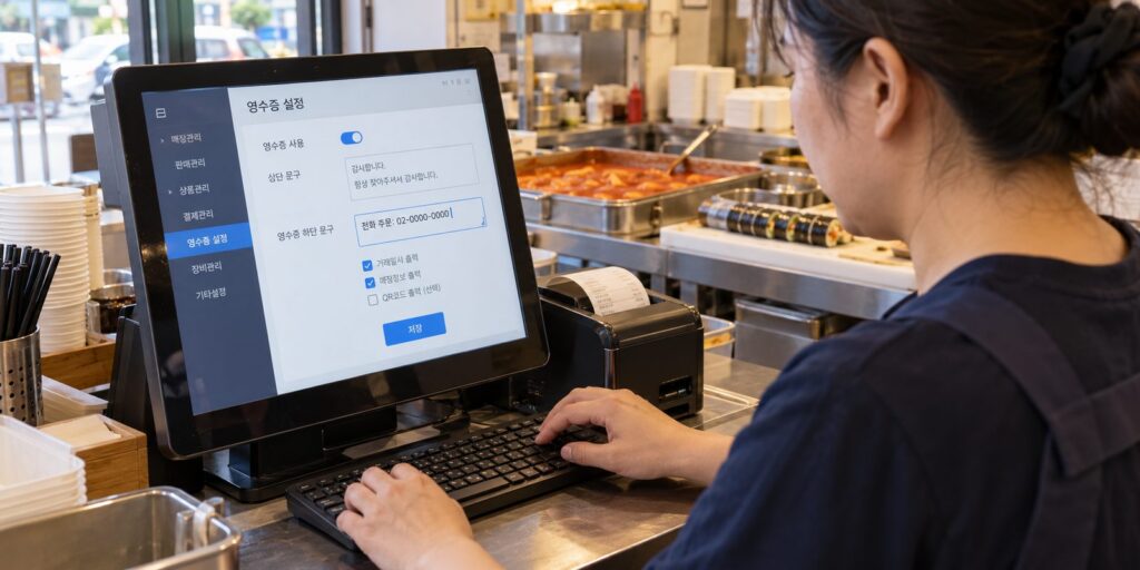 포스 설정 화면에서 영수증 하단 문구를 바꾸는 장면