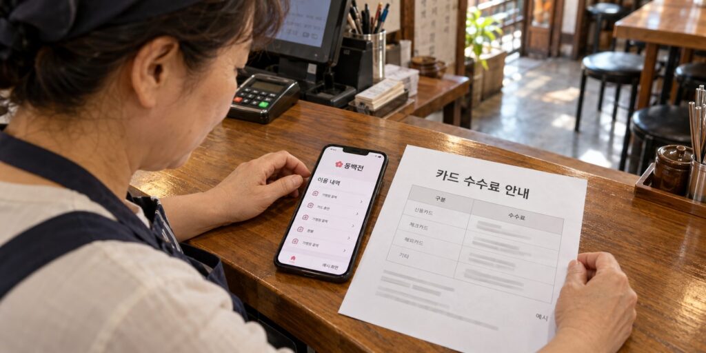 부산 소상공인 에너지바우처와 카드수수료 지원 조건을 비교하는 장면