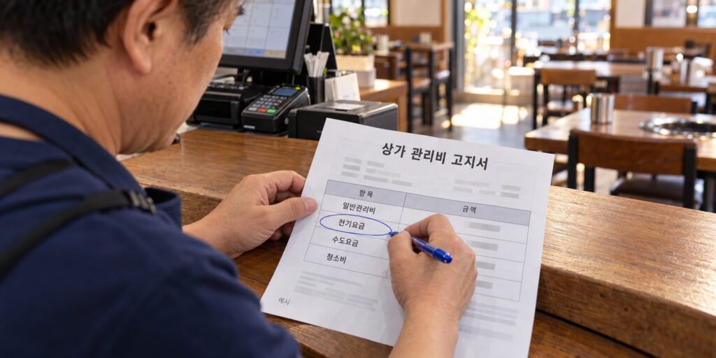 상가 관리비 고지서에서 전기요금 칸을 확인하는 장면