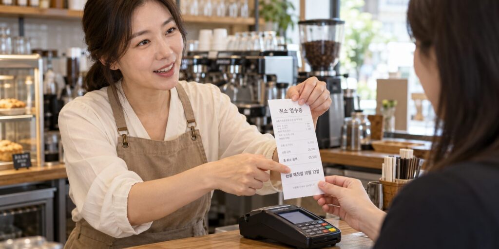 카드결제 취소 영수증을 손님에게 건네며 환불 일정을 설명하는 장면