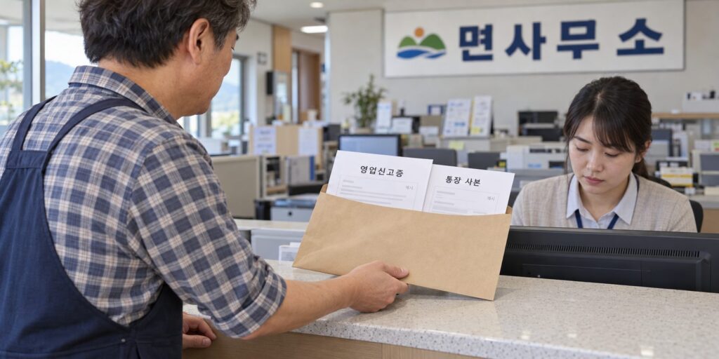 아동급식카드 가맹점 등록 서류를 주민센터 창구에 내는 장면