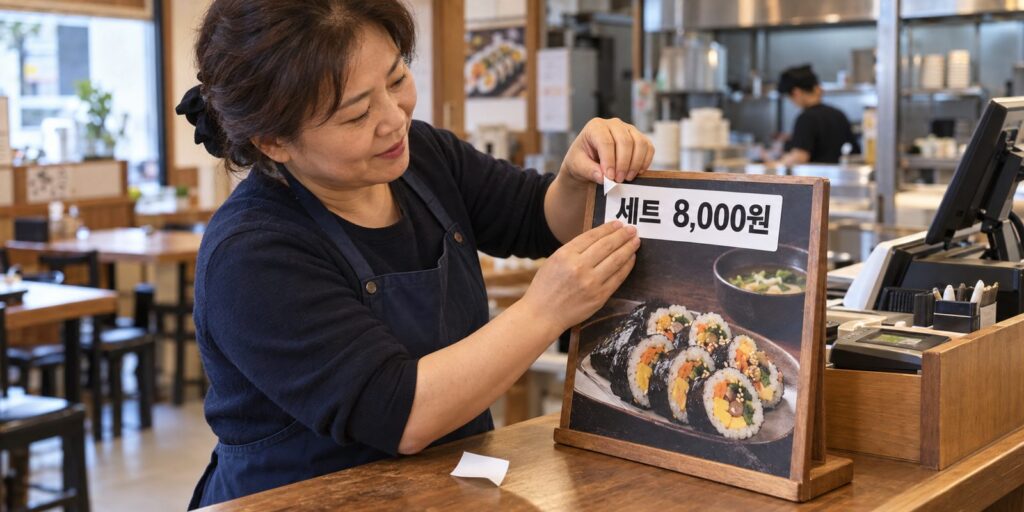 계산대 메뉴판에 한 끼 단가에 맞춘 세트 가격을 붙이는 장면