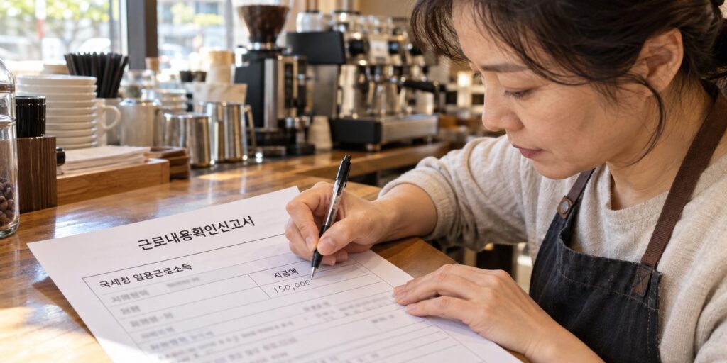 고용센터 신고서의 국세청 칸에 지급액을 적는 장면