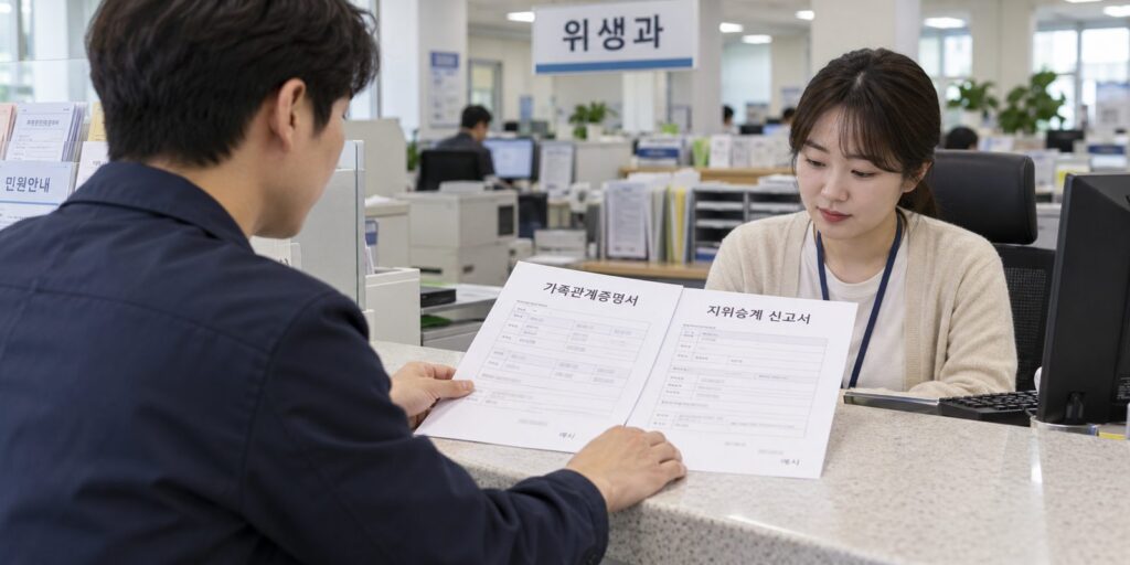구청 위생과 창구에 가족관계 서류와 승계 신고서를 함께 내는 장면