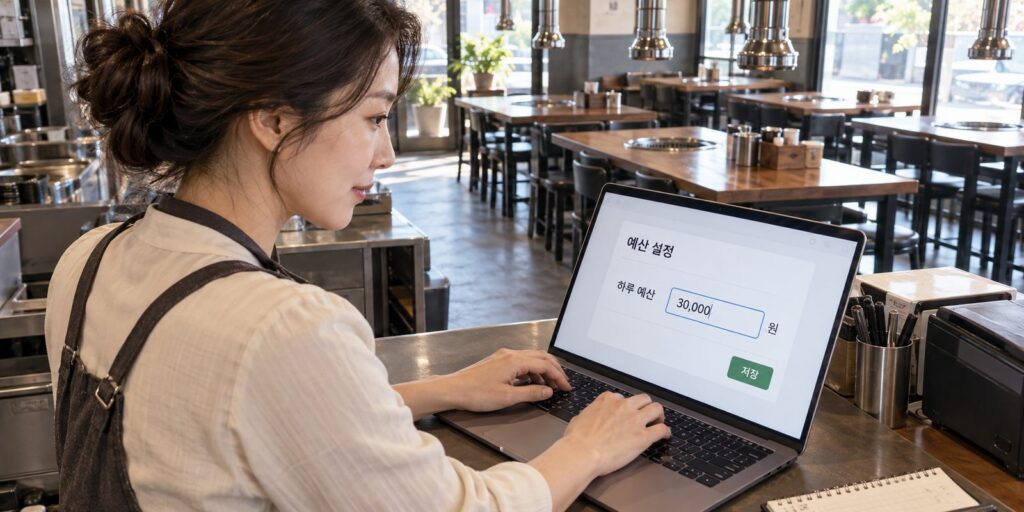 노트북으로 하루 광고 예산을 입력하는 장면