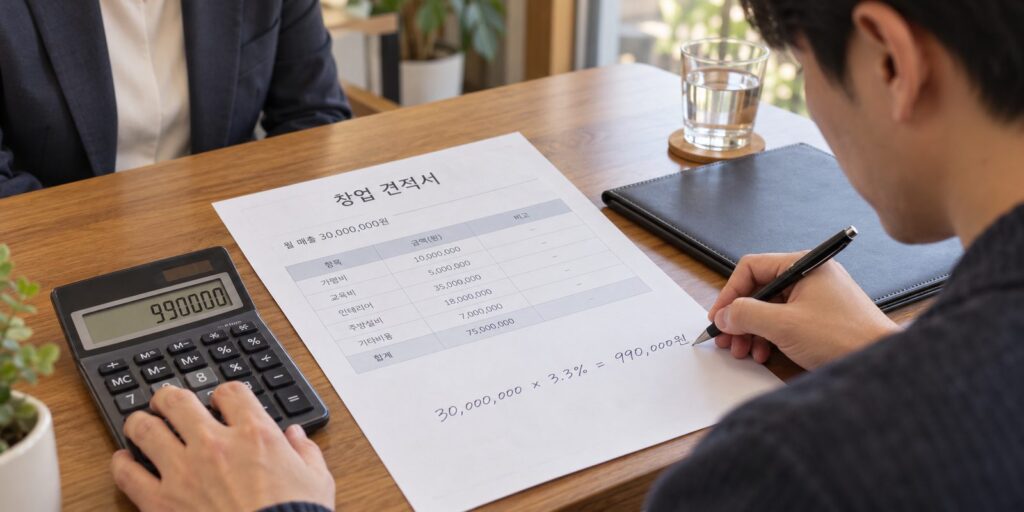 노모어피자 창업 비용 중 로열티를 월 매출별로 계산해 보는 장면