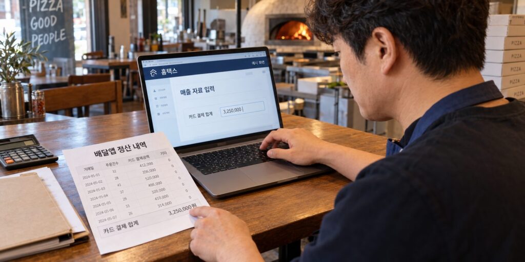 홈택스 부가세 신고 화면에 배달앱 결제 매출을 더해 넣는 장면