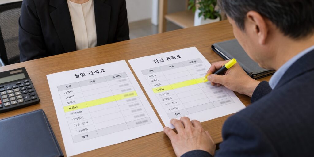 파리바게뜨 창업 비용을 일반형과 임차형 견적표로 나란히 비교하는 장면