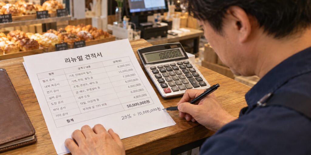 리뉴얼 공사 견적서에서 본사 분담 금액을 계산하는 장면