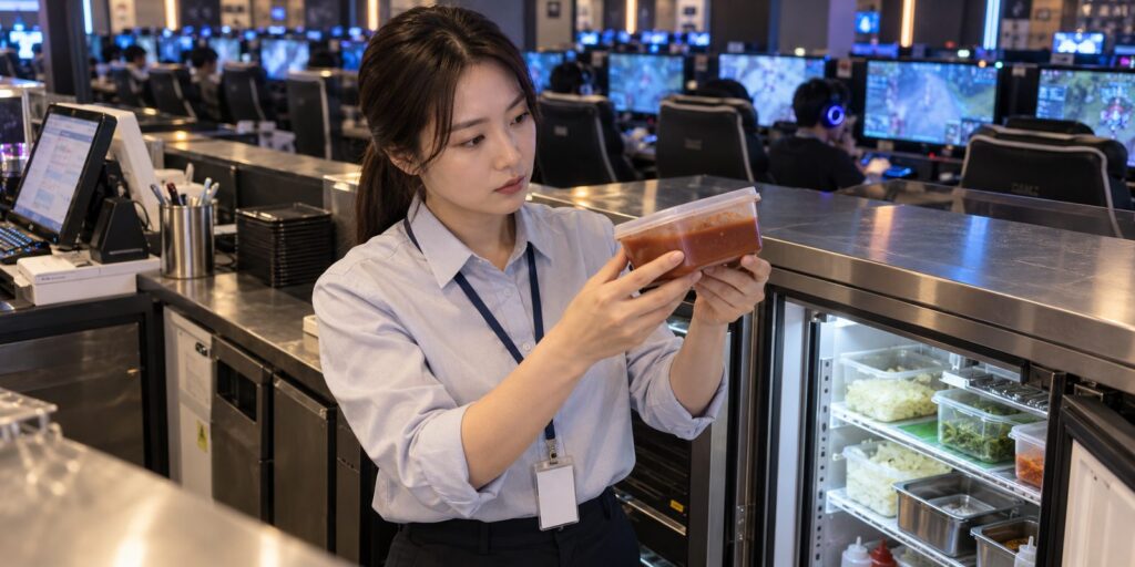 PC방 음식 판매 단속에서 냉장고 속 표시 없는 제품을 확인하는 장면