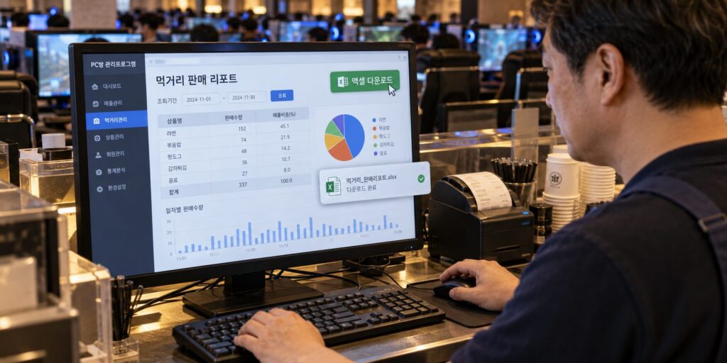 관리 프로그램에서 먹거리 품목별 판매 리포트를 내려받는 장면