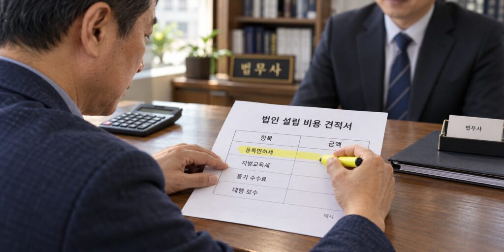 등록면허세 금액을 법인 설립 비용 견적서에서 확인하는 장면