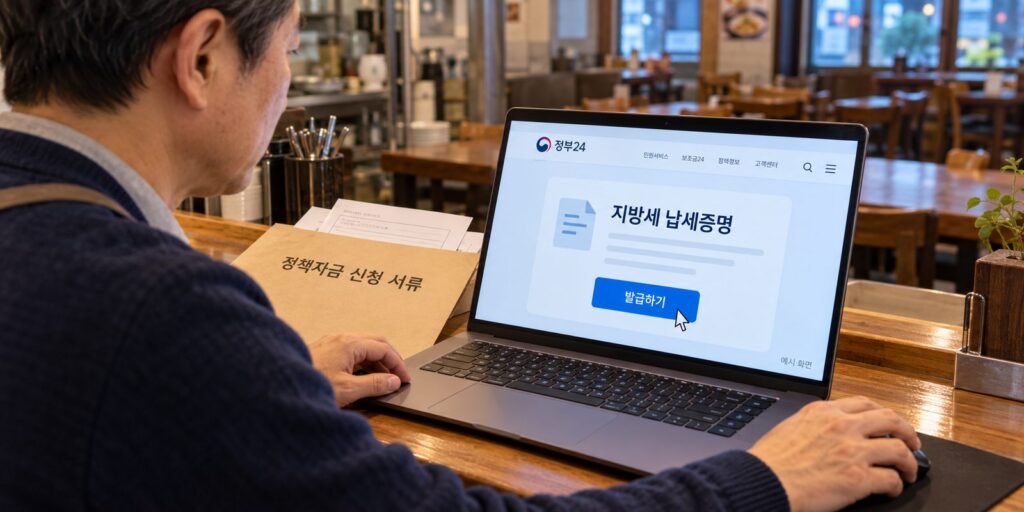 정부24 화면에서 지방세 완납증명서를 출력하는 장면