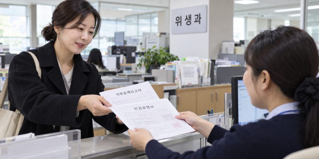 가게 양도양수 서류를 구청 위생과에 내는 장면