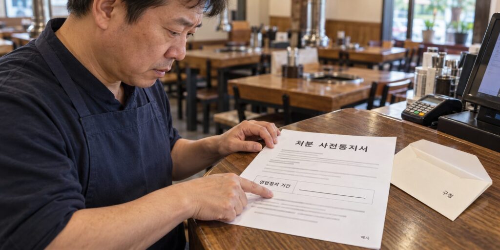 반찬 재사용 신고 뒤 구청 처분 통지서를 확인하는 장면