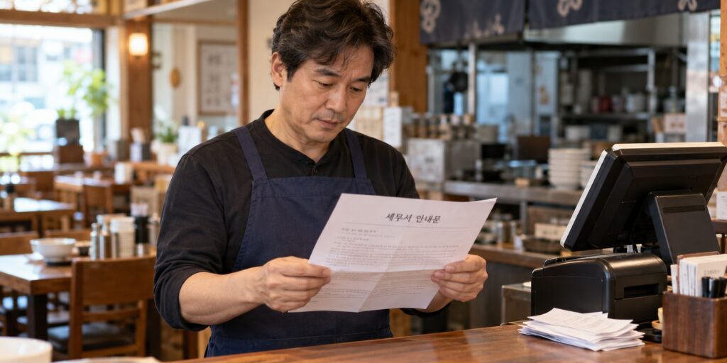 국세청 체납관리단 실태확인 뒤 세무서 안내문을 읽는 사장님