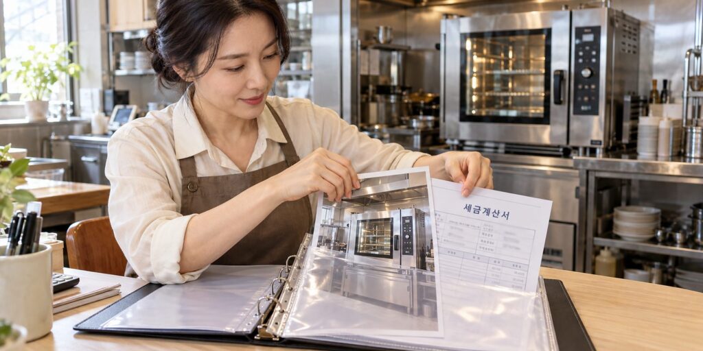 세금계산서와 설치 사진을 한 묶음으로 정리하는 장면